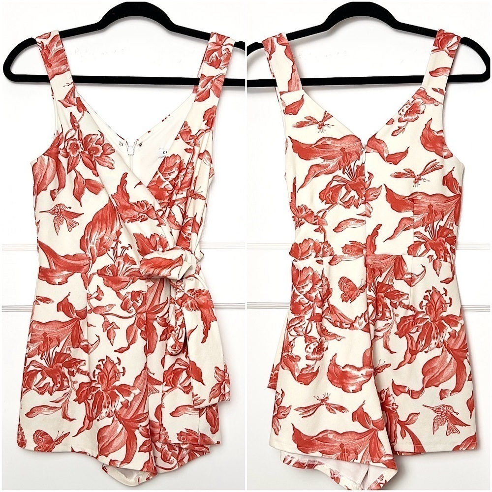 GREAT JONES Coral Red Floral Sleeveless Wrap
Tie Waist V-Neck Romper Playsuit XS - Picture 3 of 5